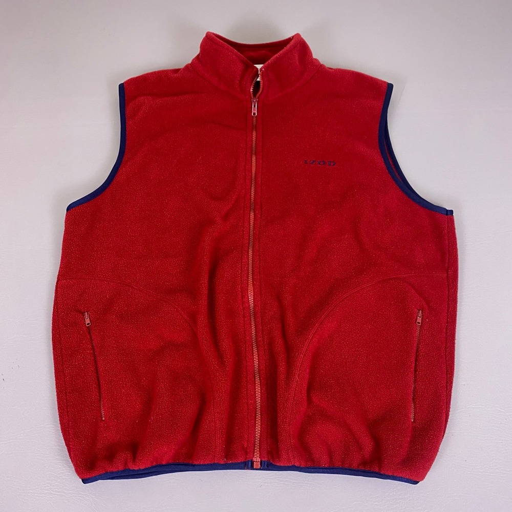 Vintage IZOD Fleece Vest Men's  Large L Red Full Zip Mock Neck Sleeveless Jacket